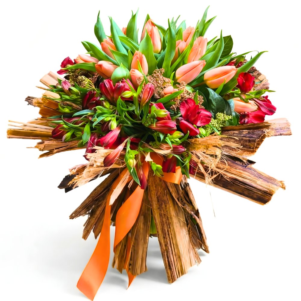 Bouquet di tulipani e alstroemeria con corteccia naturale