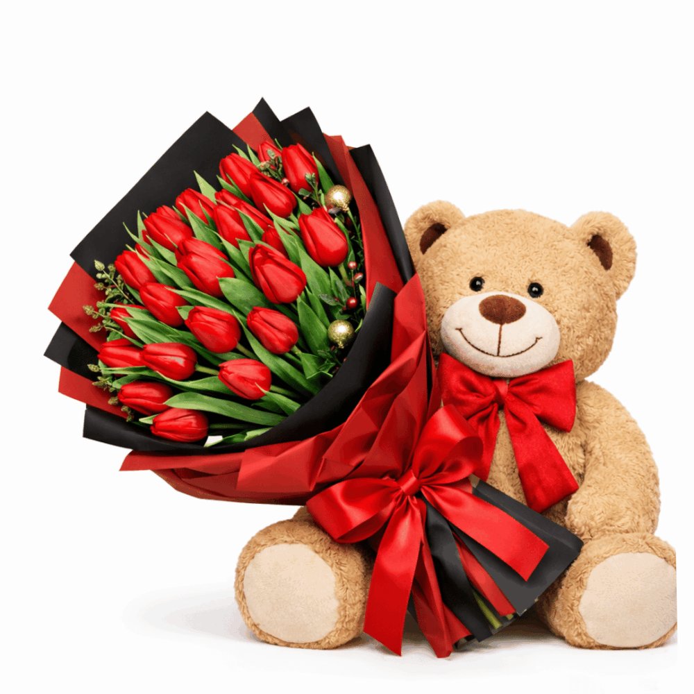 Bouquet tulipani rossi con orsetto peluche